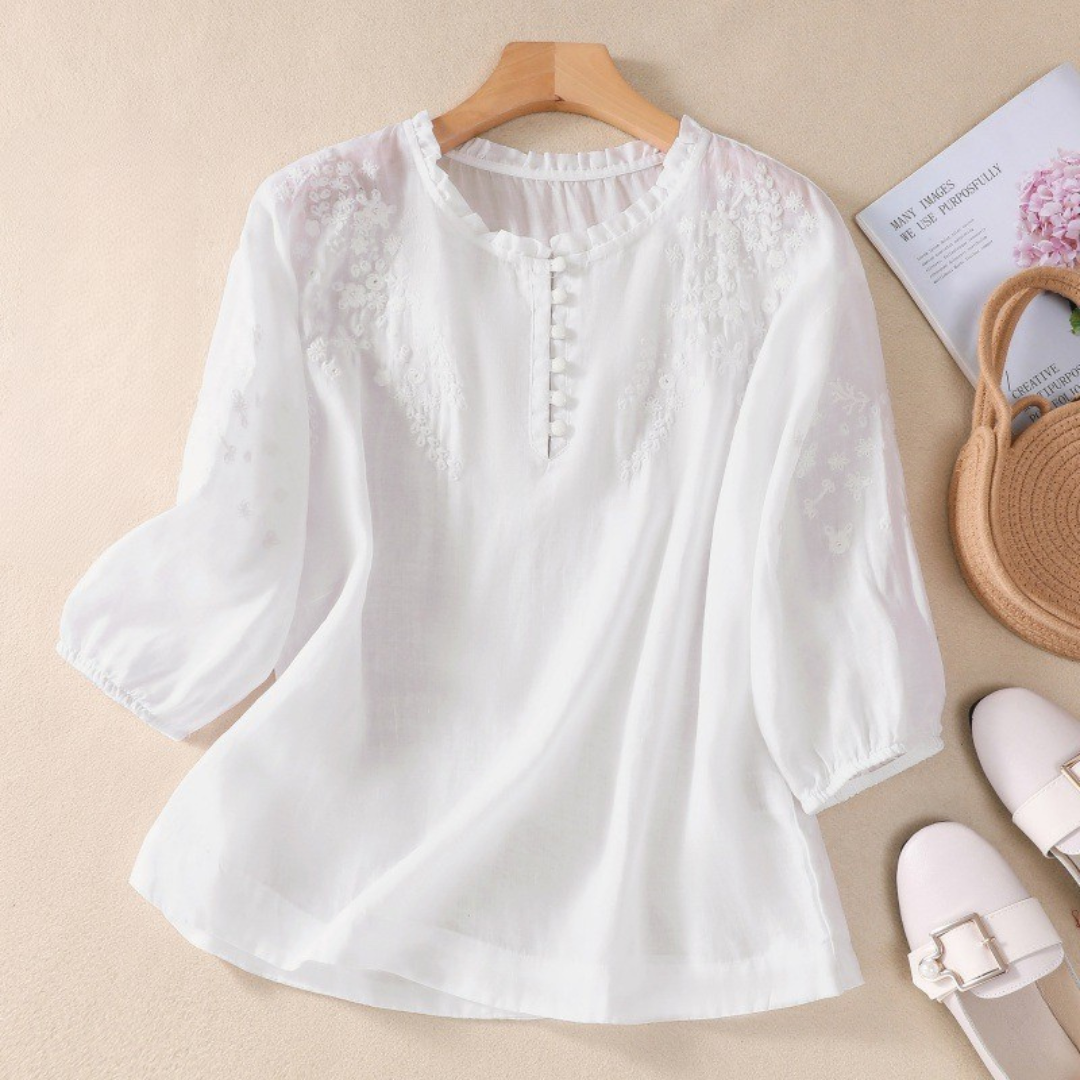 Elsa | Blus i bomullsvoile med broderade axlar